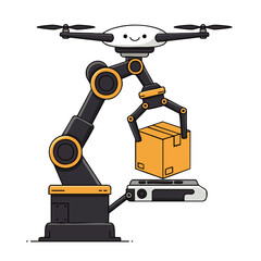 An advanced robotic arm and drone system efficiently processes e-commerce packages, representing modern automated fulfillment, streamlined logistics, and rapid delivery.