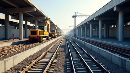 Fototapeta premium Construction site with heavy machinery excavators and trains on railway tracks under modern concrete bridge structures