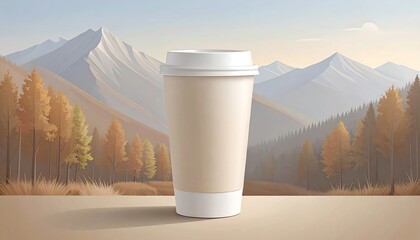 A beige disposable coffee cup sits on a light beige surface, showcasing a serene autumnal mountain landscape.
