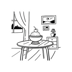 Drawing of a dessert on a table in a room