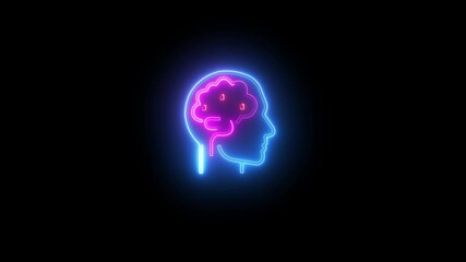 Glowing neon brain organ icon isolated on black background .neon animated brain icon representing approved idea or success .Abstract neon head and bulb icon animation on black background  - Powered by Adobe