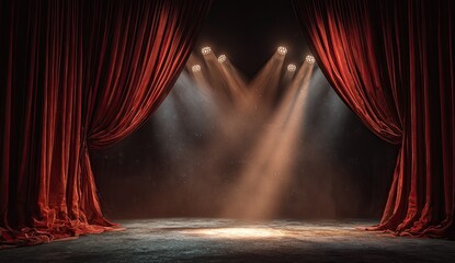 Stage with crimson curtains and spotlights