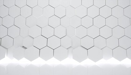 Fototapeta premium Abstract white hexagonal tiled wall. A seamless pattern of many hexagonal tiles, stacked in a slightly overlapping grid, creating a 3D effect. A subtle, bright white light accents the bottom edge