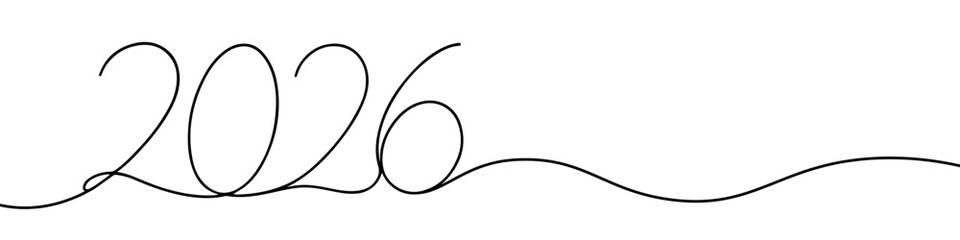 2026 Happy New Year continuous one line drawing. 2026 number design template in simple linear style.