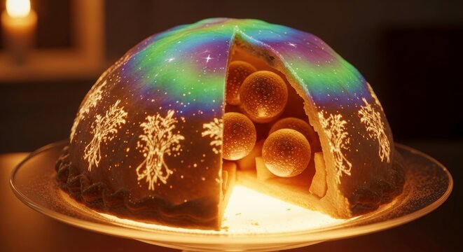 Colorful Christmas dessert with snowflake design and creative light projection showcasing a festive dome cake filled with sweet treats and whimsical decorations