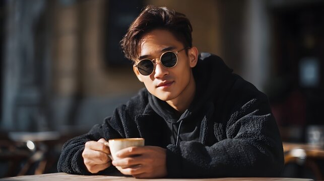 A young man wearing stylish sunglasses enjoys a warm coffee outdoors at a sunny cafe embodying a relaxed and contemplative lifestyle - Powered by Adobe