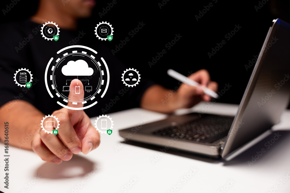 Poster a person interacts with digital cloud technology, showcasing a laptop and interface icons, emphasizi