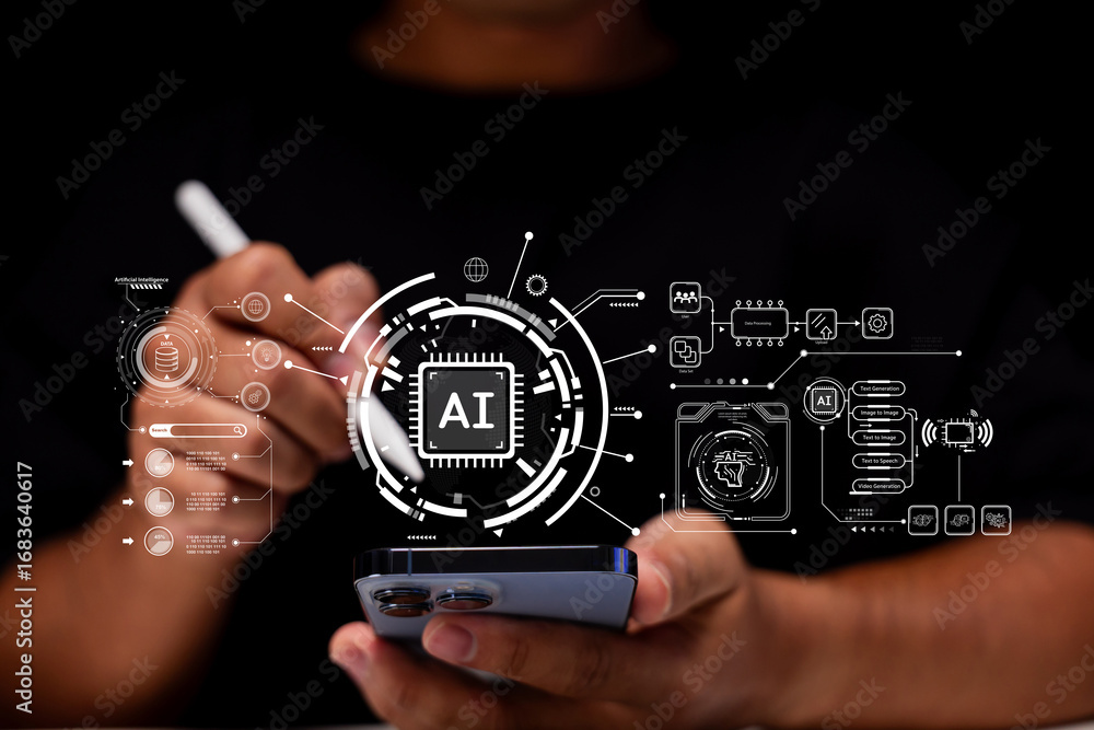 Poster a person interacts with a smartphone displaying ai graphics, showcasing technology and innovation in