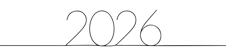 2026 Happy New Year continuous one line drawing. 2026 number design template in simple linear style.