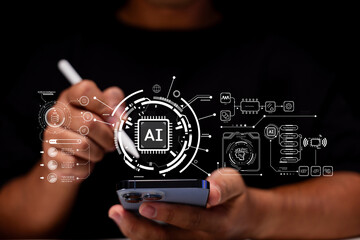 A person interacts with a smartphone displaying AI graphics, showcasing technology and innovation in a digital environment.