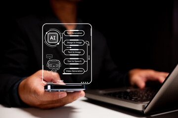 A person interacts with a futuristic interface showing various AI functions like text generation...