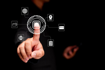 A concept of centralized digital data control through cloud computing. A man points to a virtual chip icon connecting various icons like mobile, folder, location, and credit card.