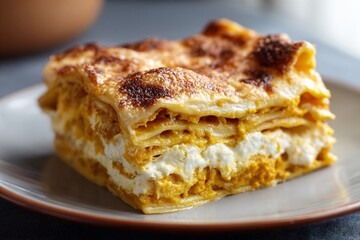 Slice of pumpkin lasagna on a plate in natural light Generative AI