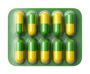 A blister pack of two-toned yellow and green capsules