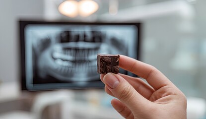 Hand holds a dark chocolate square in front of a dental x-ray image
