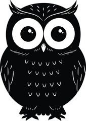 Silhouette of cute owl with big eyes, cartoon bird illustration, night animal design, forest wildlife symbol, educational vector artwork