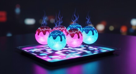 Colorful glowing orbs with vibrant icing and smoke effects on a illuminated tray against a blurred urban background at night