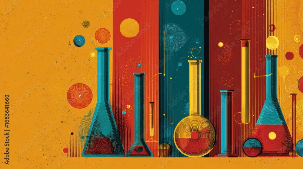 Poster colorful laboratory flasks and beakers arranged artistically on a vibrant background, emphasizing cr