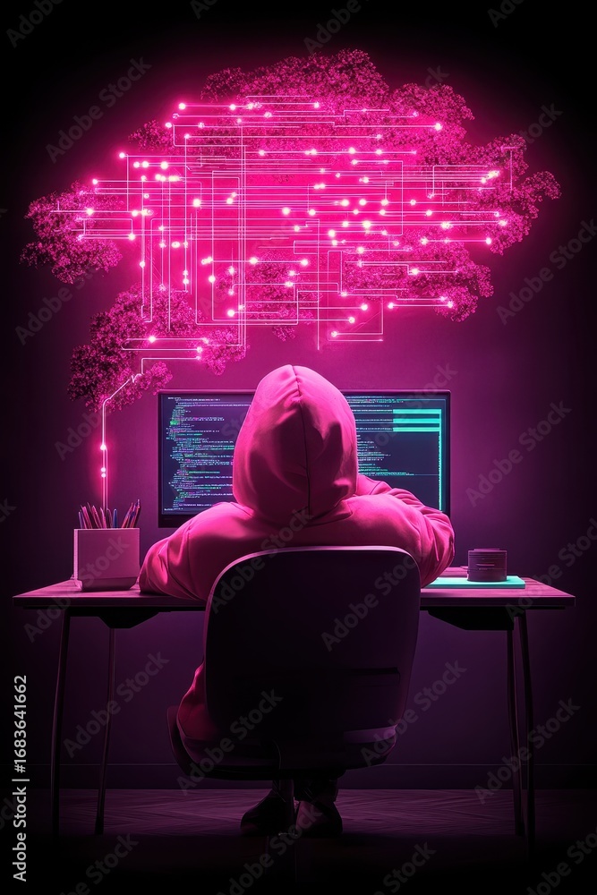 Poster glowing digital network emerges from a person coding, symbolizing fintech advancement and data flow.