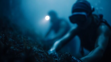 Two divers with headlamps meticulously explore the deep dark blue ocean floor engaging in an underwater search or cleanup effort