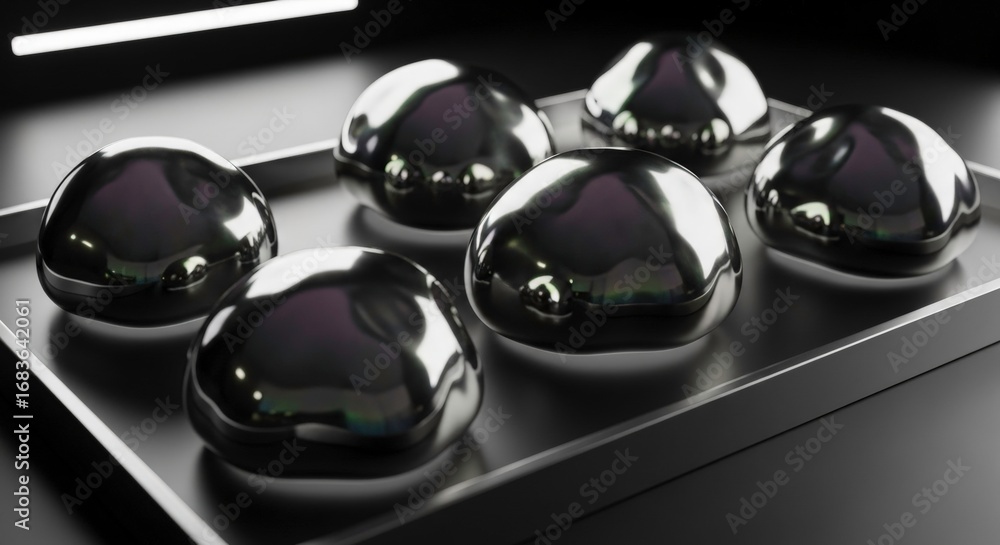 Poster Abstract metallic orbs on a sleek tray with soft lighting, emphasizing texture and reflective qualities in a modern design aesthetic