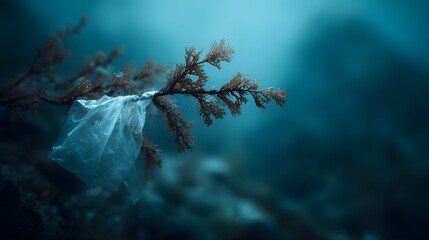 A translucent plastic bag is disturbingly tangled around an underwater marine plant illustrating the critical issue of ocean pollution in a deep blue