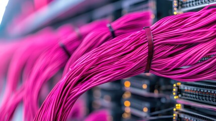 Bright pink network cables organized and bundled in a modern technology data center, representing financial technology innovation and connectivity.
