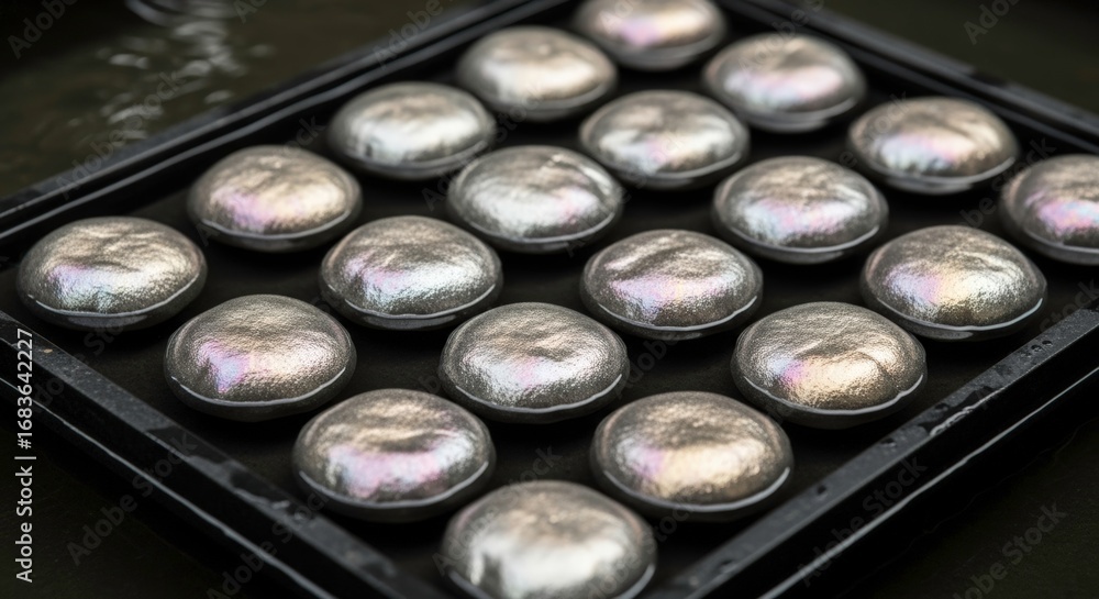 Poster close-up view of metallic circular objects on a black tray in a shimmering water environment for abs