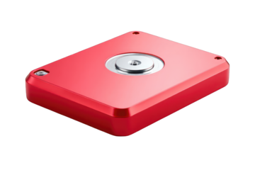 Red rectangular device, metallic accents