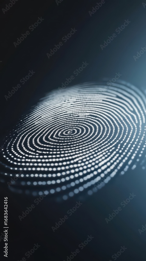 Poster abstract glowing digital fingerprint with data patterns, representing biometric security and financi