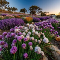 Obraz premium Vibrant flowerbeds in a field at sunset. Colorful rows of lavender, chives, and other blossoms fill the foreground and mid-ground, leading to distant trees under a pastel sky