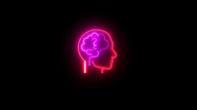 Glowing neon brain organ icon isolated on black background .neon animated brain icon representing approved idea or success .Abstract neon head and bulb icon animation on black background 