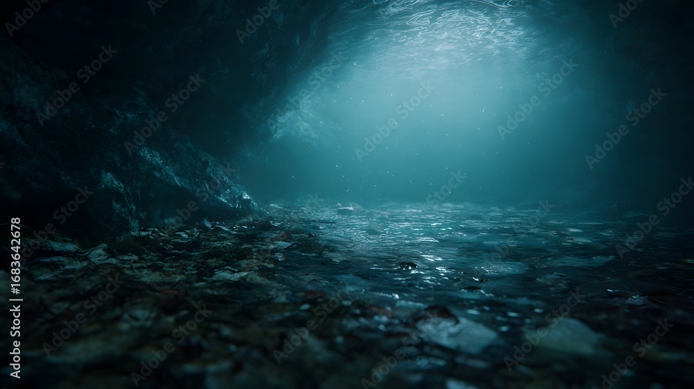 Poster sunlight illuminates a mysterious underwater cave filled with floating debris and submerged textures