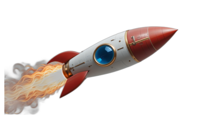 photorealistic retro-futuristic rocket liftoff render