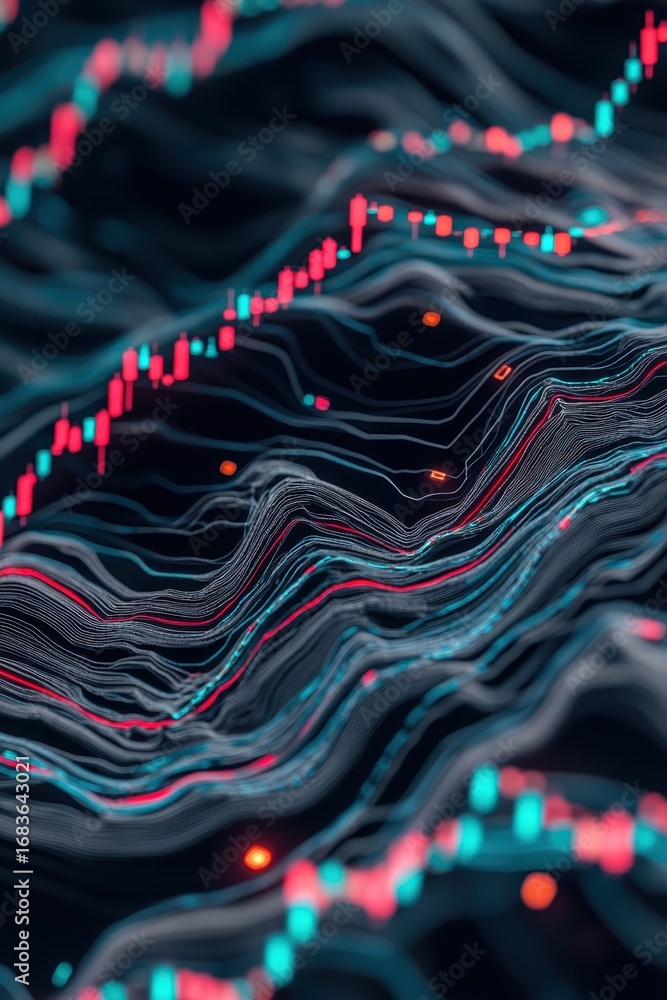 Poster abstract financial data streams showing growth and volatility in a dark digital landscape