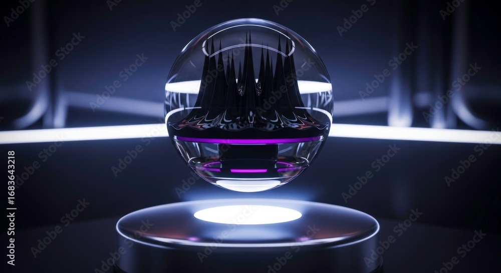 Poster enigmatic transparent sphere suspended above a circular base illuminated by soft light, creating a f