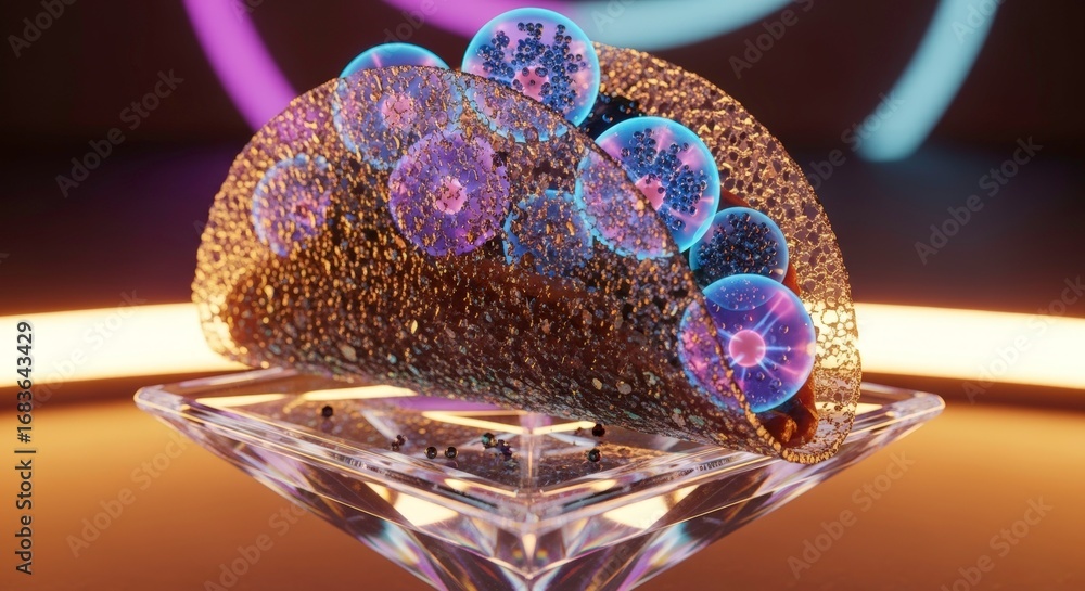 Poster abstract representation of a taco featuring vibrant bubbles and glowing colors in a futuristic setti