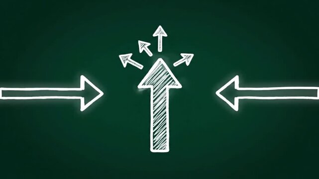 Arrow, chalk, animated chalk drawn arrows pointing upward and sideways on dark green chalkboard background sketch style motion graphic symbol for growth direction leadership creative design