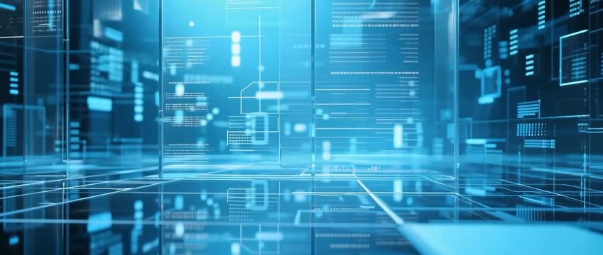 Digital abstract blue circuit pattern with a blueprint background and binary code