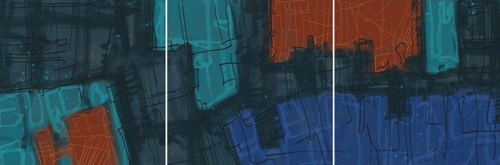 Modern interior triptych. The picture is painted by hand on a tablet. © neurostructure