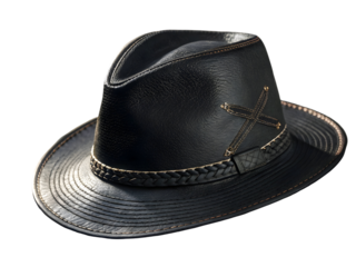 Detailed Close Up of a Black Leather Fedora Hat with Braided Band and Cross Stitch Detailing isolated on a transparent background