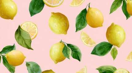 watercolor drawing featuring whole lemons and lemon slices background