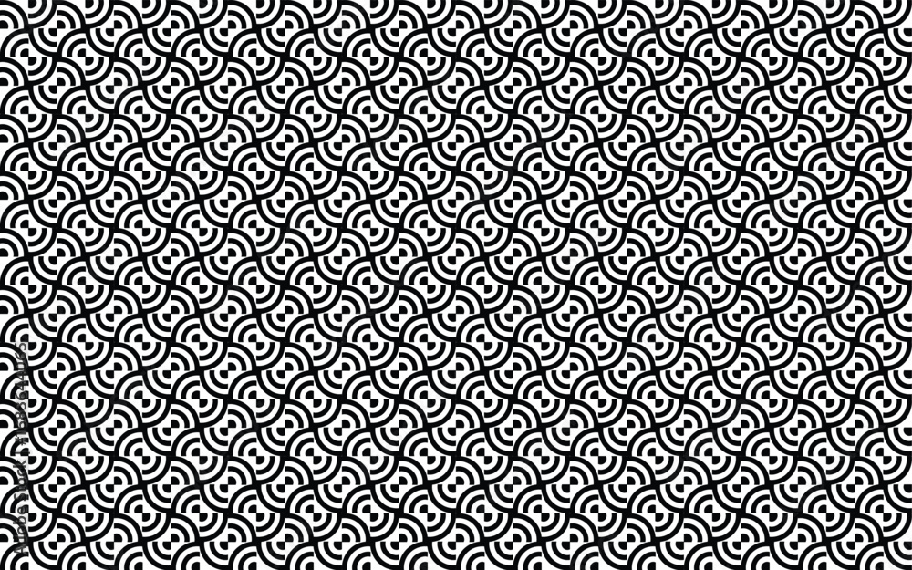 Poster intricate black and white geometric pattern with repeating rhythmic curves and circles abstract text