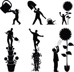 Gardening Silhouettes with Watering Cans, Shovels, Sunflowers, Plant Pots, Growth, and Care Vector Illustration Set