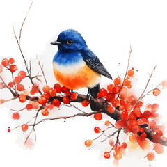 Winter Bird Perched Branch, watercolor drawing vector, isolated on a white background.
