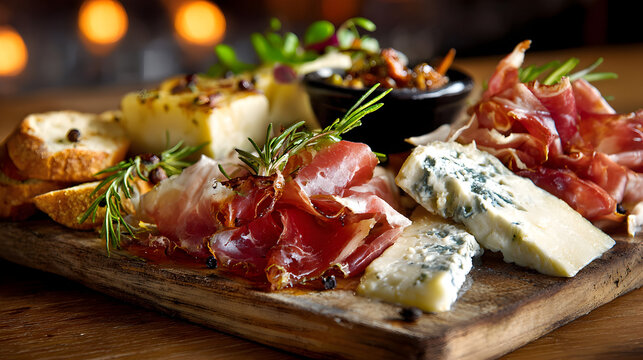 una tabla de madera con quesos y jamones gourmet alimentos de aperitivos con ingredientes de calidad finos y deliciosos 