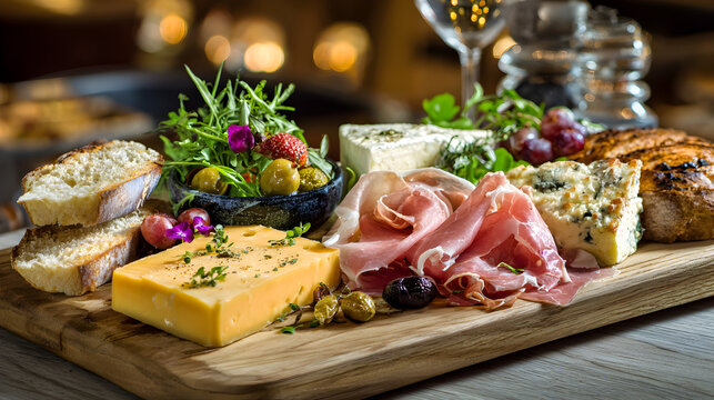 una tabla de quesos y jamones finos y elegantes rebanadas de alimentos de aperitivos sobre una tabla de madera para cortar variedad de quesos e ingredientes gourmet