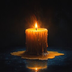 A melting candle with wax on a dark reflective surface