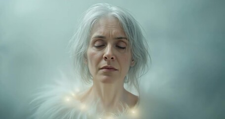 Inhaling and exhaling senior woman shifting white feathery collar in haze with glowing orbs pulsing - Powered by Adobe