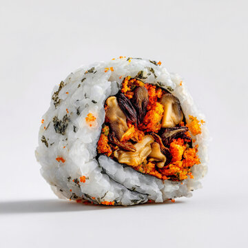 Create a Futomaki roll with shiitake and kanpyo against a clean and crisp white background